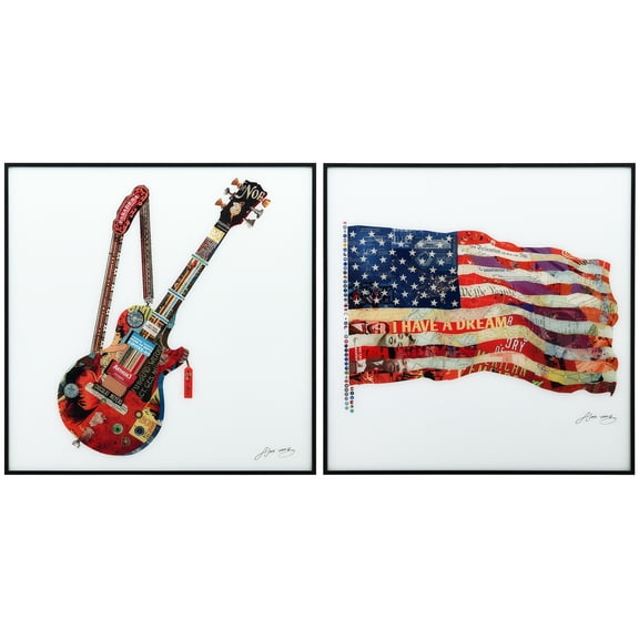 Empire Art Direct Electric Guitar & Old Glory Printed on Glass Art with Anodized Aluminum Black Frame Wall Art, 24" x 24" each, Ready to Hang