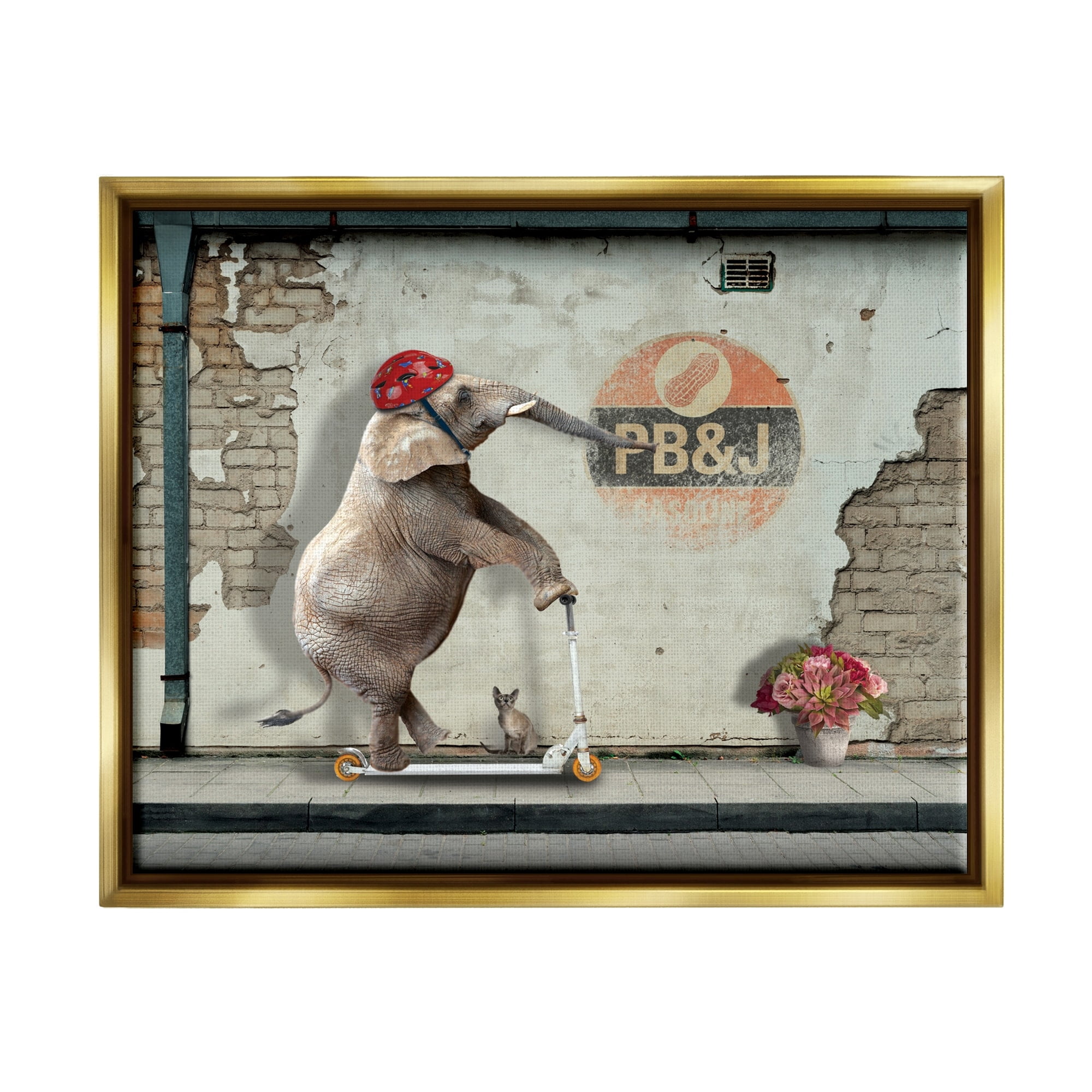 Stupell Industries Elephant Riding Scooter Old Brick City Streets Graphic Art Metallic Gold Floating Framed Canvas Print Wall Art, Design by Nobleworks