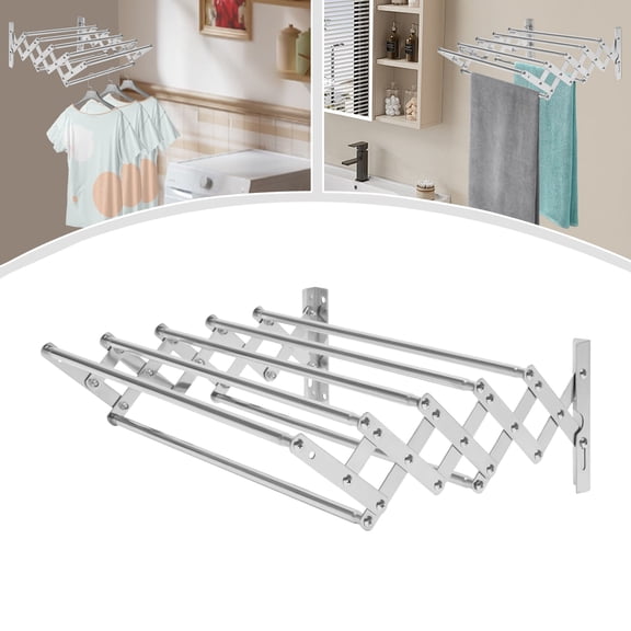 Peakora Wall Mounted Stainless Steel Laundry Drying Rack Folding Clothes Hanger Rack Retractable Clothes Rack 7 Staggered Hanging Rods 88lbs Large Capacity Silver