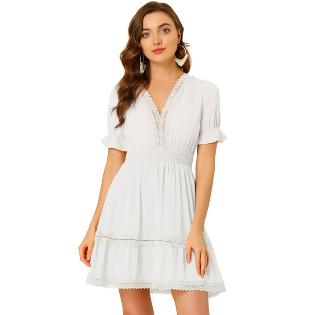 Mini vestido sólido Allegra K de manga corta con cuello En V y cintura elástica blanco M