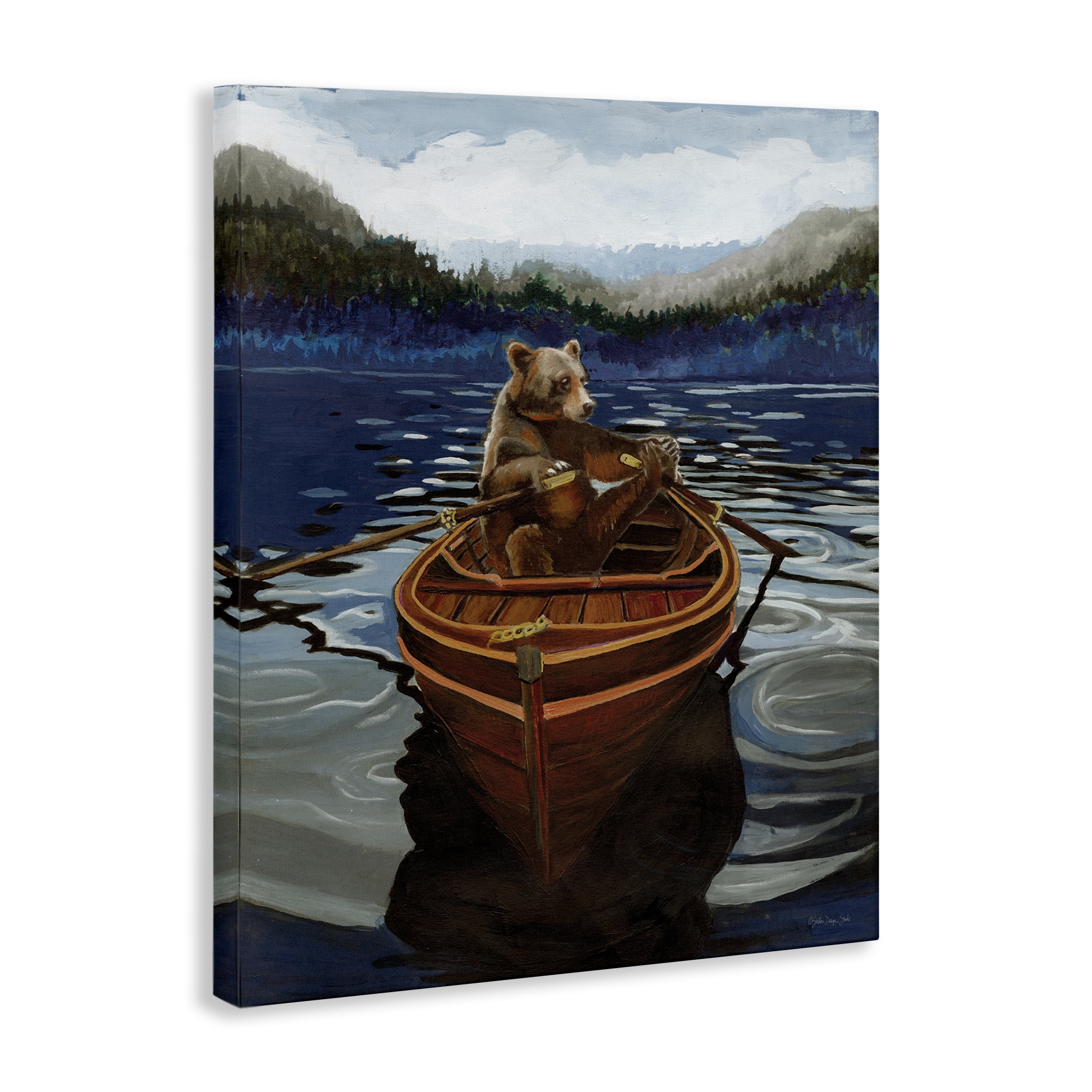 Stupell Industries Brown Bear on Row Boat Animals Painting Wrapped Canvas Art Print Wall Art, 16 x 20