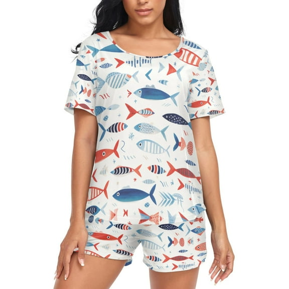 joogoo Women's Pajama Set Fishes Short Sleepwear Loungewear with Pockets M