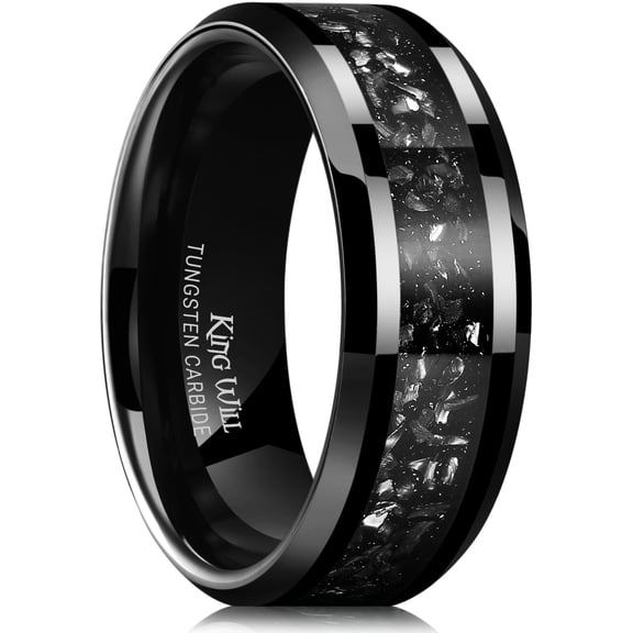 King Will Mens Tungsten Wedding Bands Meteorite Inlay 8mm Black High Polished Engagement Ring for Couples Promise Ring for Women Comfort Fit Size 10