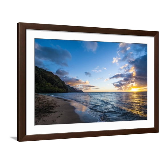 Art.com Sunset on the Napali Coast, Kauai, Hawaii,United States of America, Pacific Photographic Print by Michael Runkel, Brown Frame Wall Art, 44" x 32"