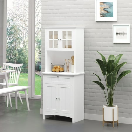 HOMCOM Elegant Buffet with Hutch Kitchen Pantry Storage Cabinet with Framed Glass Door Drawer and Microwave Space White
