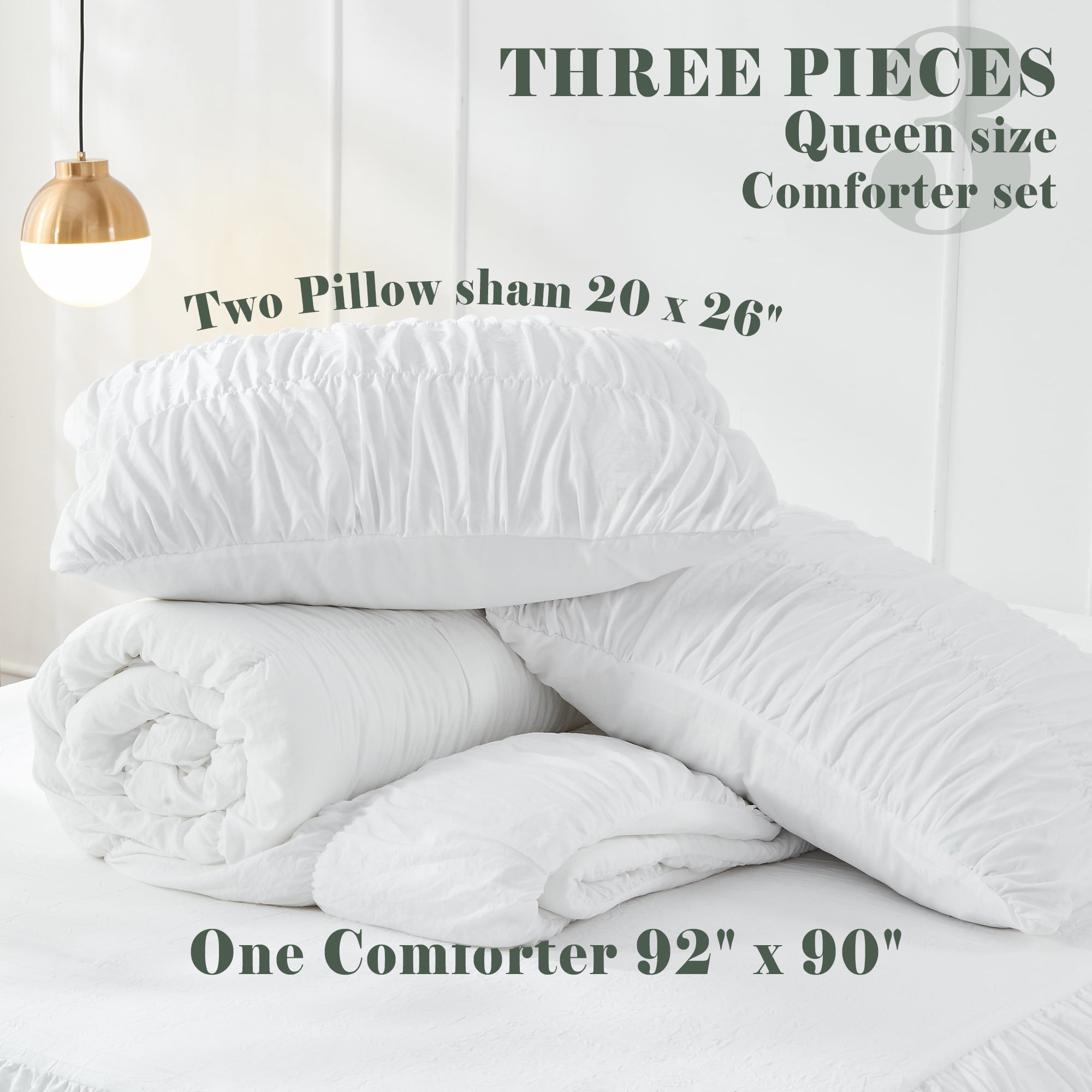 Bonlino Bedding Comforter Set Queen Bed - 3 Pieces Farmhouse Ruched Comforter Queen Size Bed Set Boho Shabby Chic Bedding for Bedroom, Fluffy Ruffle Comforter with 2 Pillow Shams (White, Queen)