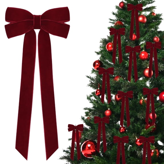 12 Pcs Burgundy Velvet Ribbon Bows 5 x 10 in Christmas Tree Ornaments
