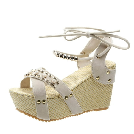 

YanHoo Women s Wedge Platform Sandals 2023 Open Toe Pearl Cross Strap Lace-Up Sandal Ladies Dressy Summer Shoes