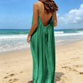 thumbnail image 4 of Summer Dress for Women Casual Sleeveless Backless Pleats Spaghetti Strap Dress Openwork Print Beach Vacation Dress(Green,S), 4 of 8