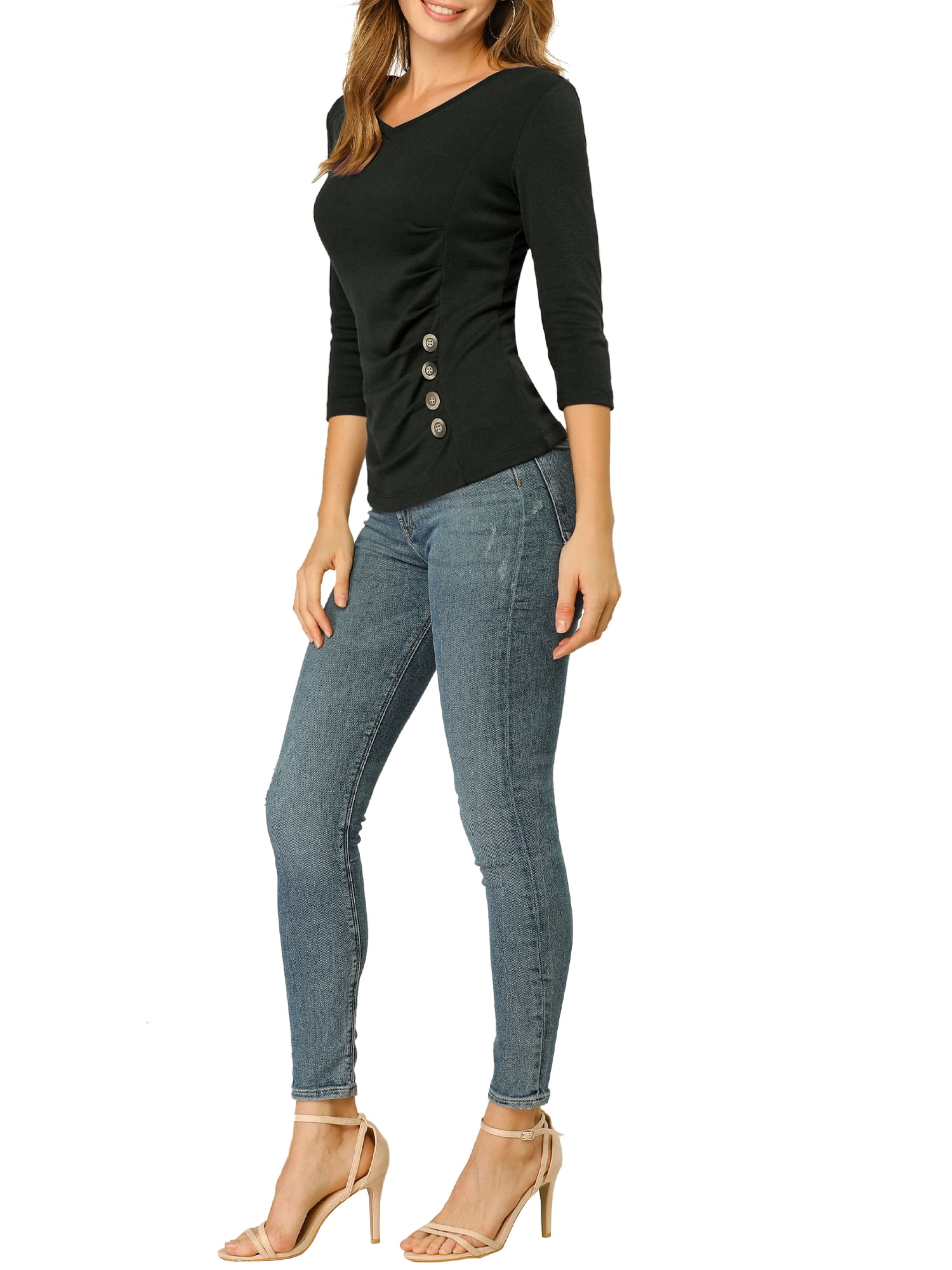 DARING DIVA V Neck Knitted Buttons Decor Ruched Blouse Top S Black
