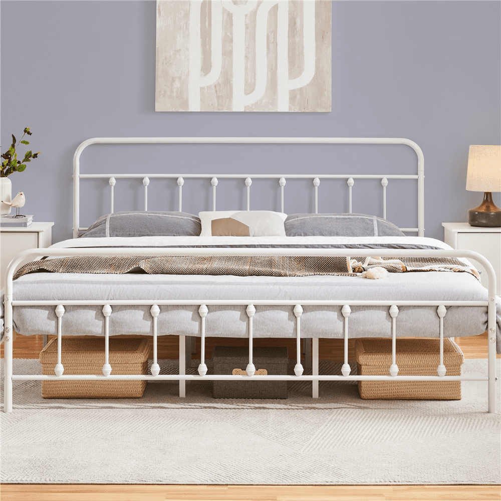 Alden Design Metal Platform California King Bed with High Headboard, White