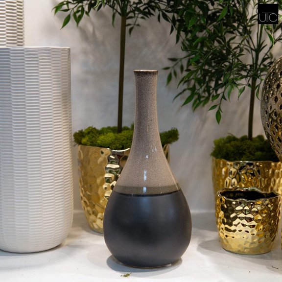 Ondine Ceramic Bellied Vase, Decorative Modern Pottery Vase for Flowers, Home Decor Accent for Living Room, Shelf, Table Centerpiece (Size- 5.25"x11.25"H, Grey)