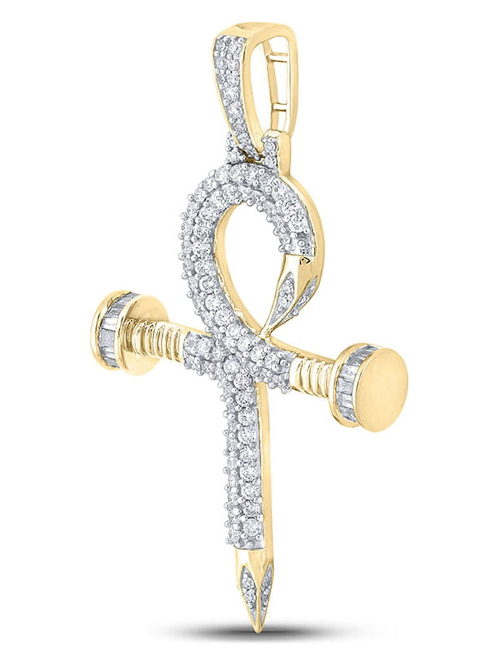 10kt Yellow Gold Mens Baguette Diamond Ankh Nail Cross Charm Pendant 1 Cttw
