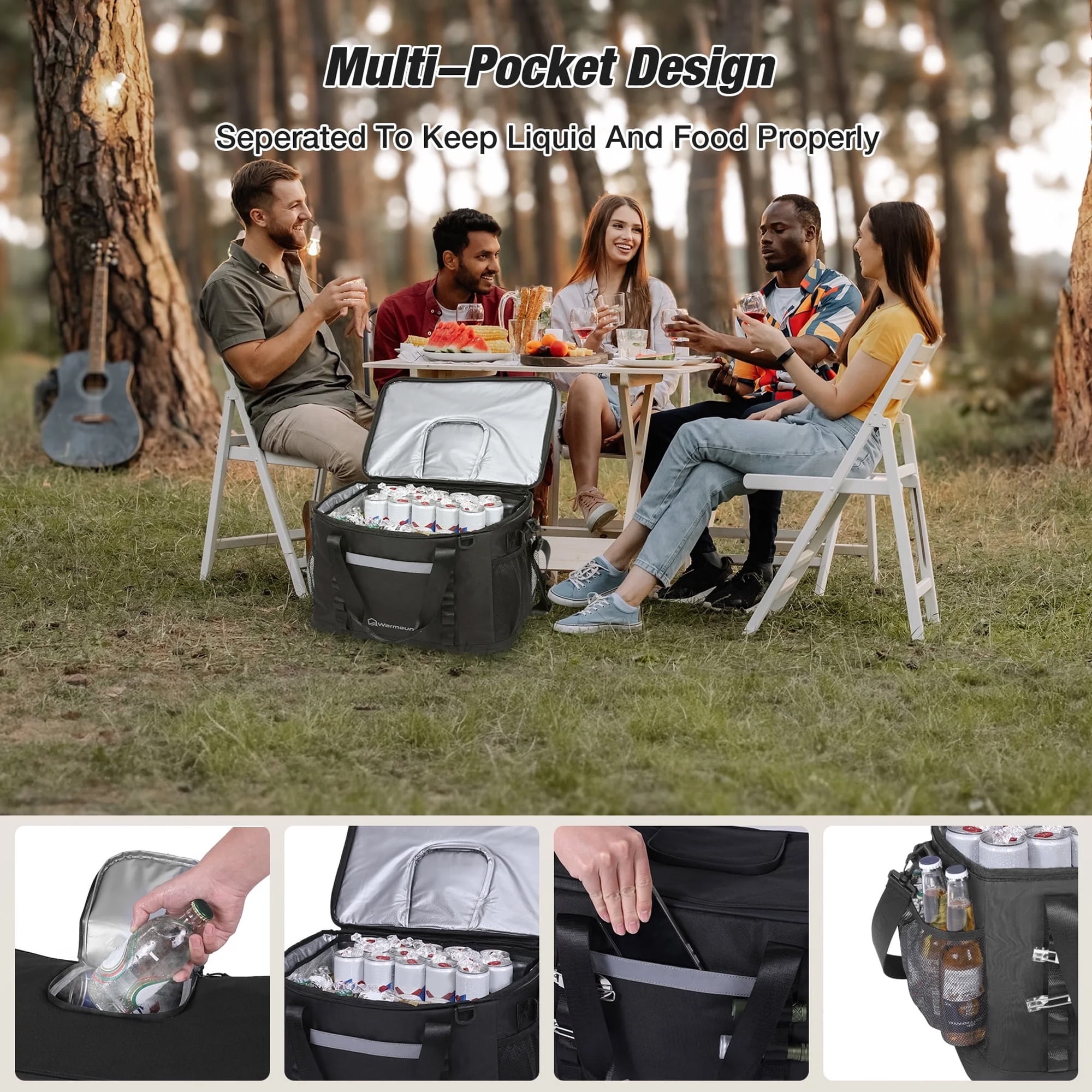 WARMOUNTS Camping Cooler Bag 75 Cans & Insulated Bag 2 in 1, w/ Insulating Cover, Upgraded Leakproof Soft Cooler Bag Top Opening for Camping Hiking Picnic Beach