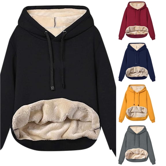 Trendfront Womens Fall Solid Color Hooded Pullover Sweatshirt Long Sleeve Plush Lined Hood And Kangaroo Pocket Relaxed Casual Hoodie Tops