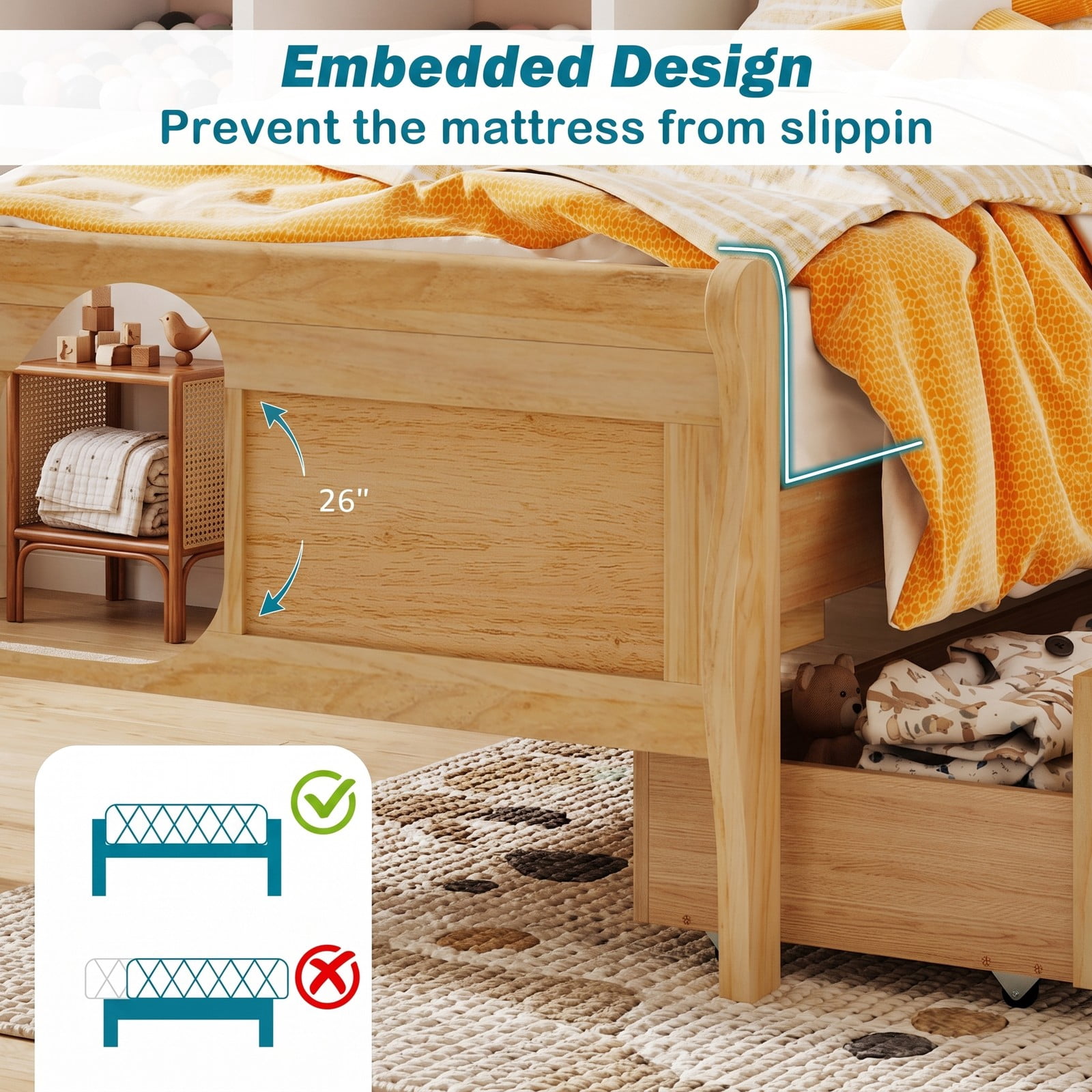Furnibear Twin Bed Frame with 2 Storage Drawers, Wood Sleigh Platform Bed Frame with Storage and Curved Headboard for Kids Room and Bedroom, Natural