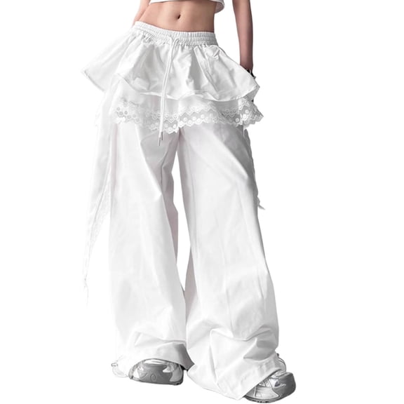 Jerdar Women's Wide Leg Pants Elastic Rise Skirt Lace Trim Asymmetrical Hem Wide Leg Baggy Work Dress Pants Trousers L