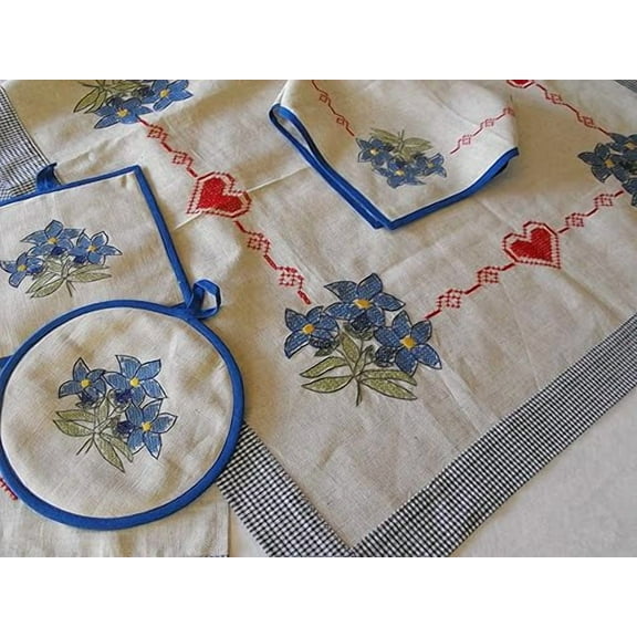 BLUE FLOWERS & HEARTS KITCHEN ACCESSORY SET - TABLE TOPPER, APRON, LINEN TOWELS, POTHOLDERS & BREADCLOTH