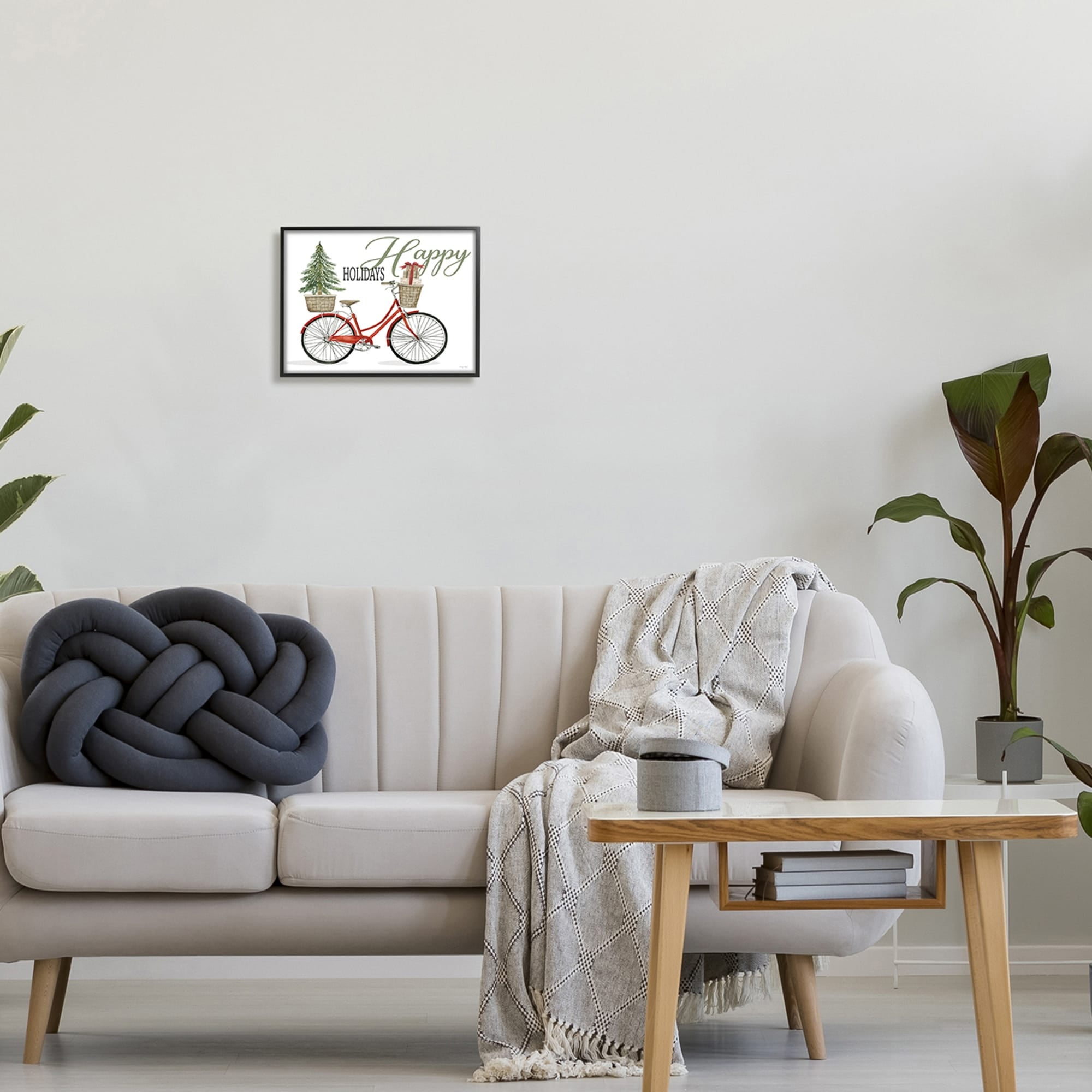 Happy Holidays Festive Red Bicycle Presents Basket Inspirational Graphic Art Framed Art Print Wall Art