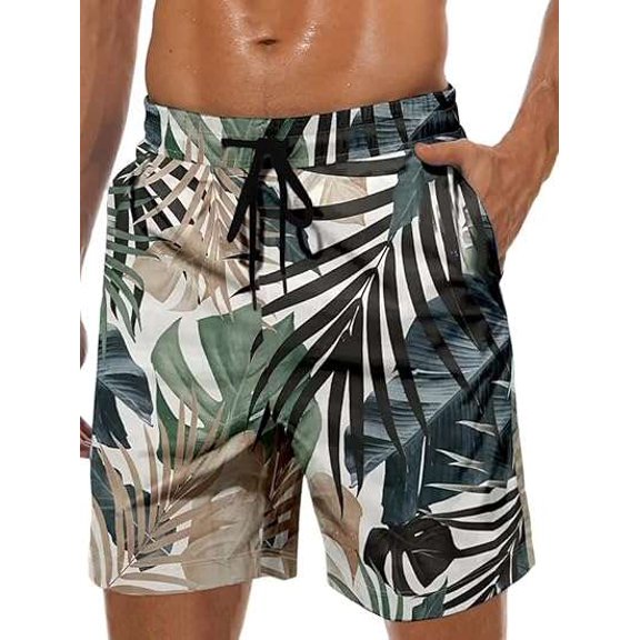JASGARDE Men's Swim Trunks Hawaii Series Pattern Fashionable Sports Beach Shorts with Pockets Size S-3XL