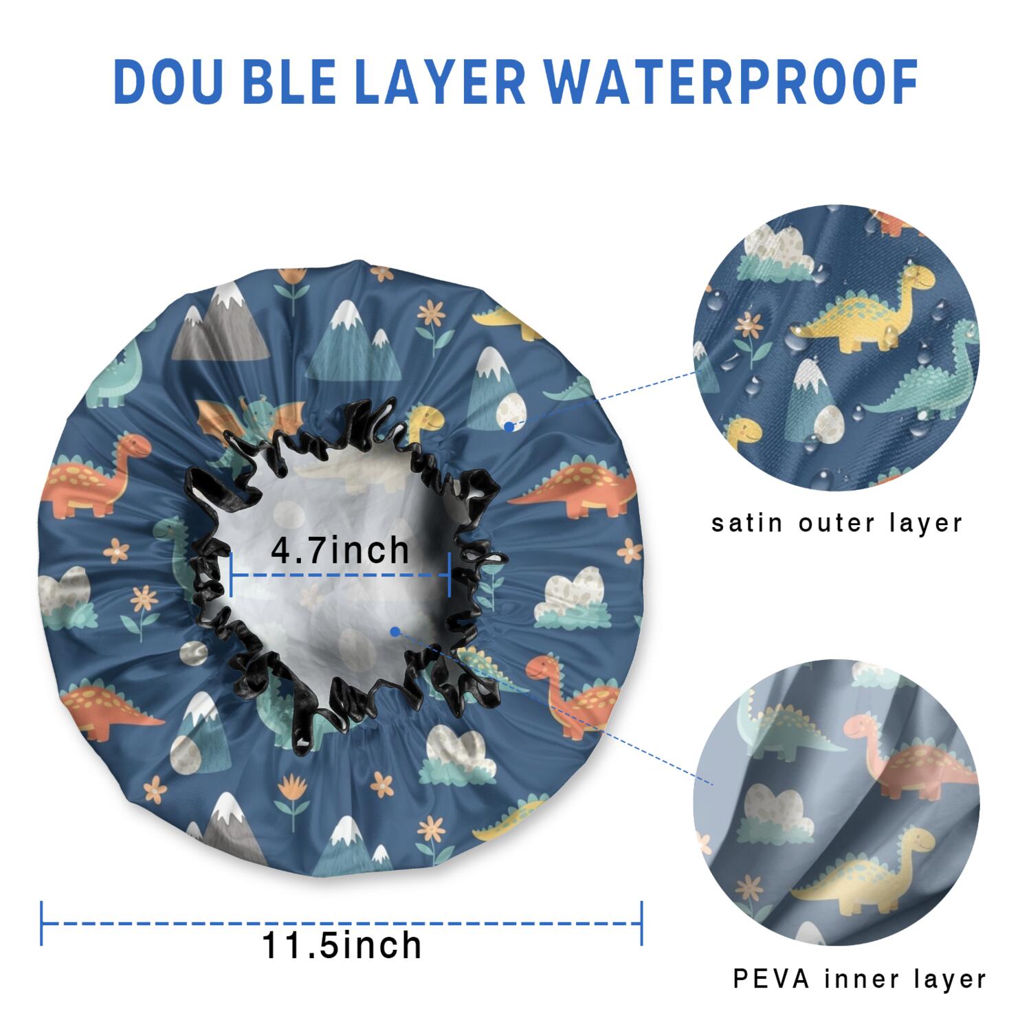 Shower Caps,DarkBlue Cartoon Dinosaurs Mountains Eggs Pattern Waterproof Shower Cap for Women 4 Pieces,Double Reusable Hair Cover for Shower PEVA Elastic Stretch Hem
