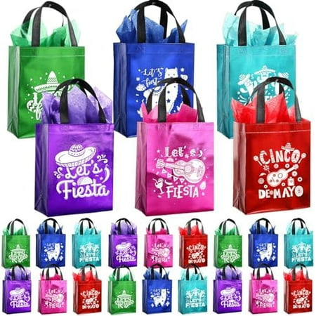 24 Pcs Fiesta Party Favor Bags Mexican Cinco De Mayo Candy Gift Bags with Handles 8x4x10 Inches Reusable Non-woven Party Favor with Tissues
