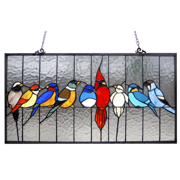 24.5 Inches Rectangular Window Panel with Bird and Cage Design, Multicolor
