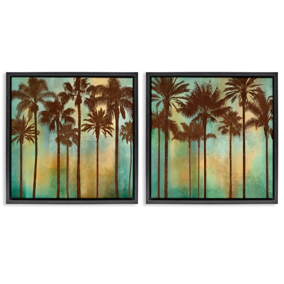 Stupell Industries Palms on Blue & Orange Landscape & Nature Painting Black Floater Framed Canvas Art Print Wall Art, 18 x 18, Set of 2