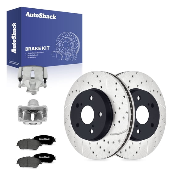 AutoShack Front Brake Rotors, Premium Pads & Calipers for Toyota, Sienna 2004-2010 Camry 2005-2006, FWD AWD V6 3.0L 3.3L 3.5L - E-Coated Drilled & Slotted - ShadowGuard - 11.65" (296 mm), 5-Lug