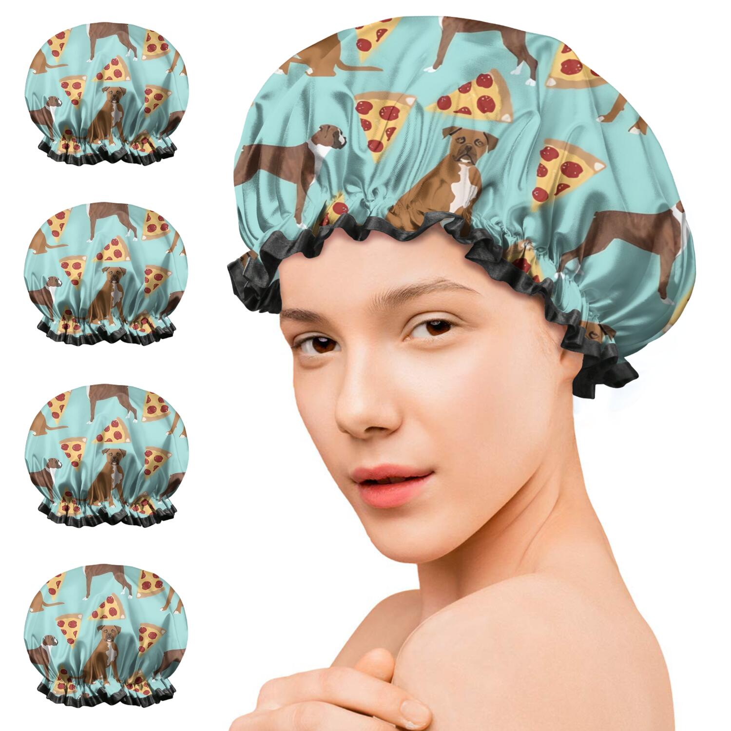 Shower Caps,Boxer Dog Pitbull Terriers Dog and Pizza Waterproof Shower Cap for Women 4 Pieces,Double Reusable Hair Cover for Shower PEVA Elastic Stretch Hem