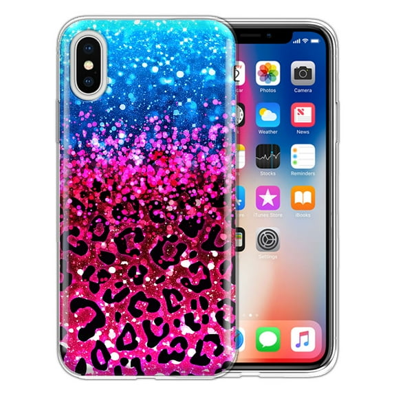 FINCIBO Soft TPU Clear Case Slim Protective Cover for Apple iPhone X, Blue Glitter Sparkle With Black Pink Glitter Leopard