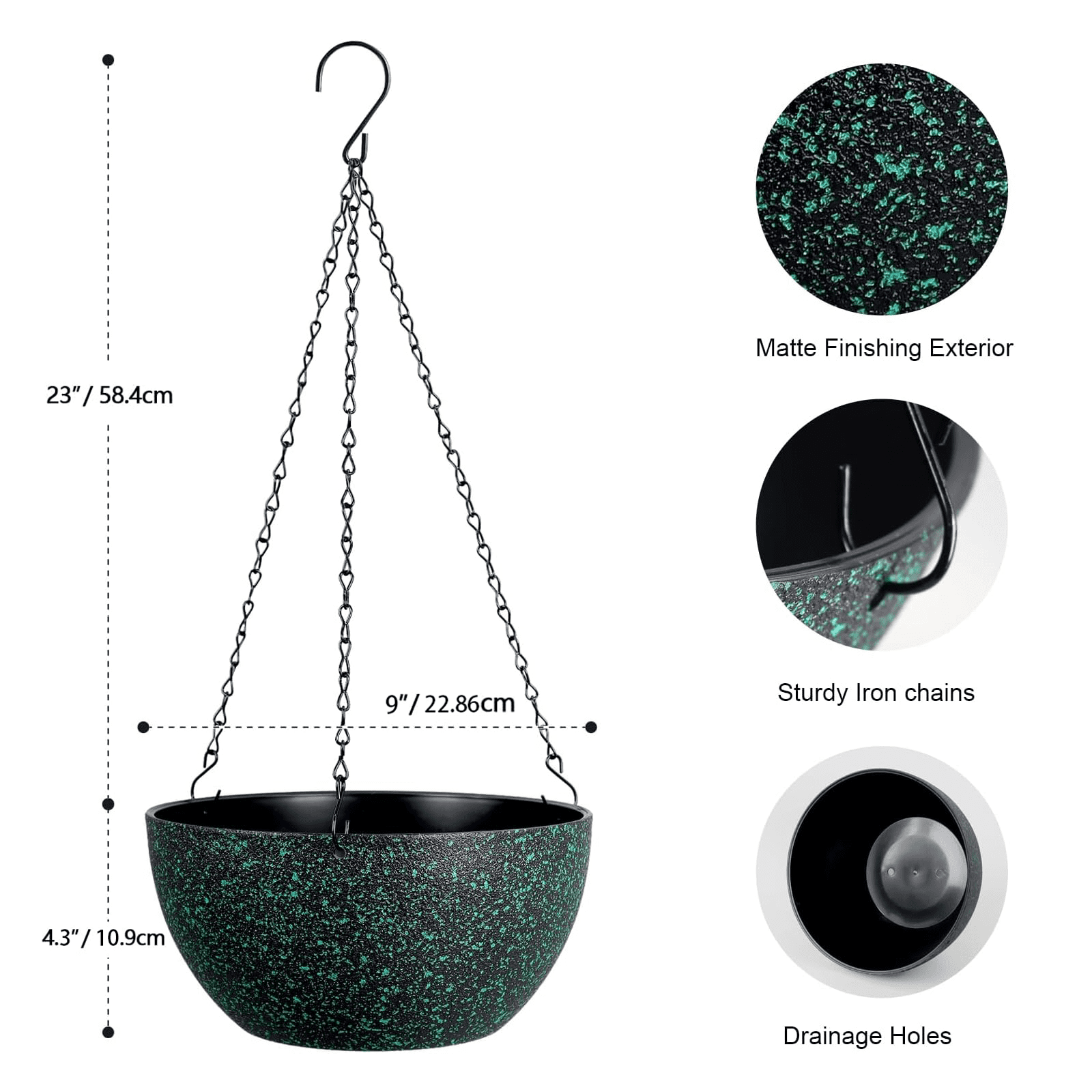 3 Pack Hanging Planters for Indoor Outdoor Plants, LAIJAUR 9 Inch Flower Pots with Drainage Holes and Chains, Plastic Hanging Baskets with S-Hooks for Home and Garden Decor, Dark Green