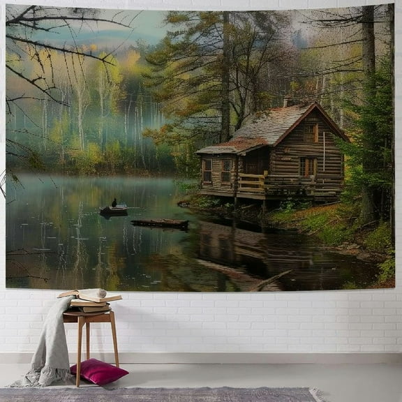 JRXY Forest Tapestry, Natural Scenery Lake Country House Lodge Wall Tapestry for Bedroom, RV Cabin Landscape Large Tapestry Wall Hanging for Living Room Collage Dorm Home Decor Painting