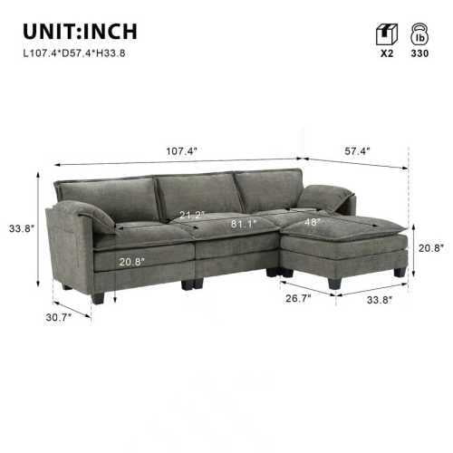 Howcool Cloud Couch Modular Sectional Sofa 3 Seat 107" L Shaped Convertible Couch Chenille Thick Cushion with Ottoman, Removable & Washable Cover for Living Room, Dark Gray