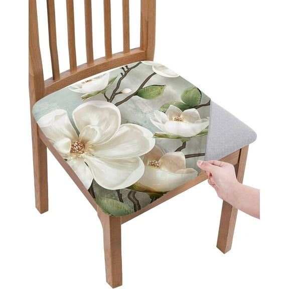 Spring Floral Seat Covers for Dining Room Chairs Set of 6, Stretchy Dining Chair Cushion Covers, Retro Summer White Flowers Botanical Removable Washable Slipcovers for Office, Kitchen, Party