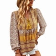 thumbnail image 1 of Blusa de manga larga con escote en V y estampado floral con cordón, corte holgado para primavera/otoño, color amarillo XL, 1 of 8