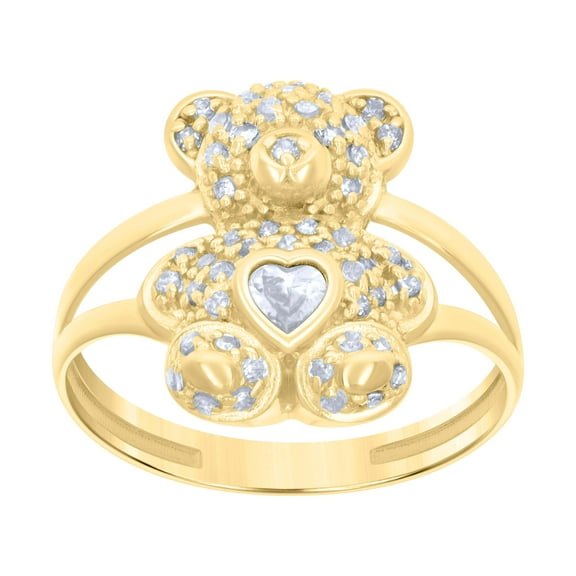 10kt 10k Yellow Gold Womens Heart Round Cubic-Zirconia April Birthstone Teddy Bear Ring