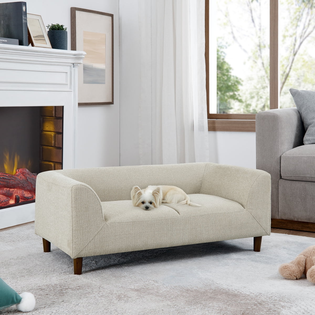 Modern Pet Sofa with Backrest and Armrests, Rectangular Dog Couch for Small Medium Dogs, Soft Cushioned Pet Furniture with Low Legs, Beige