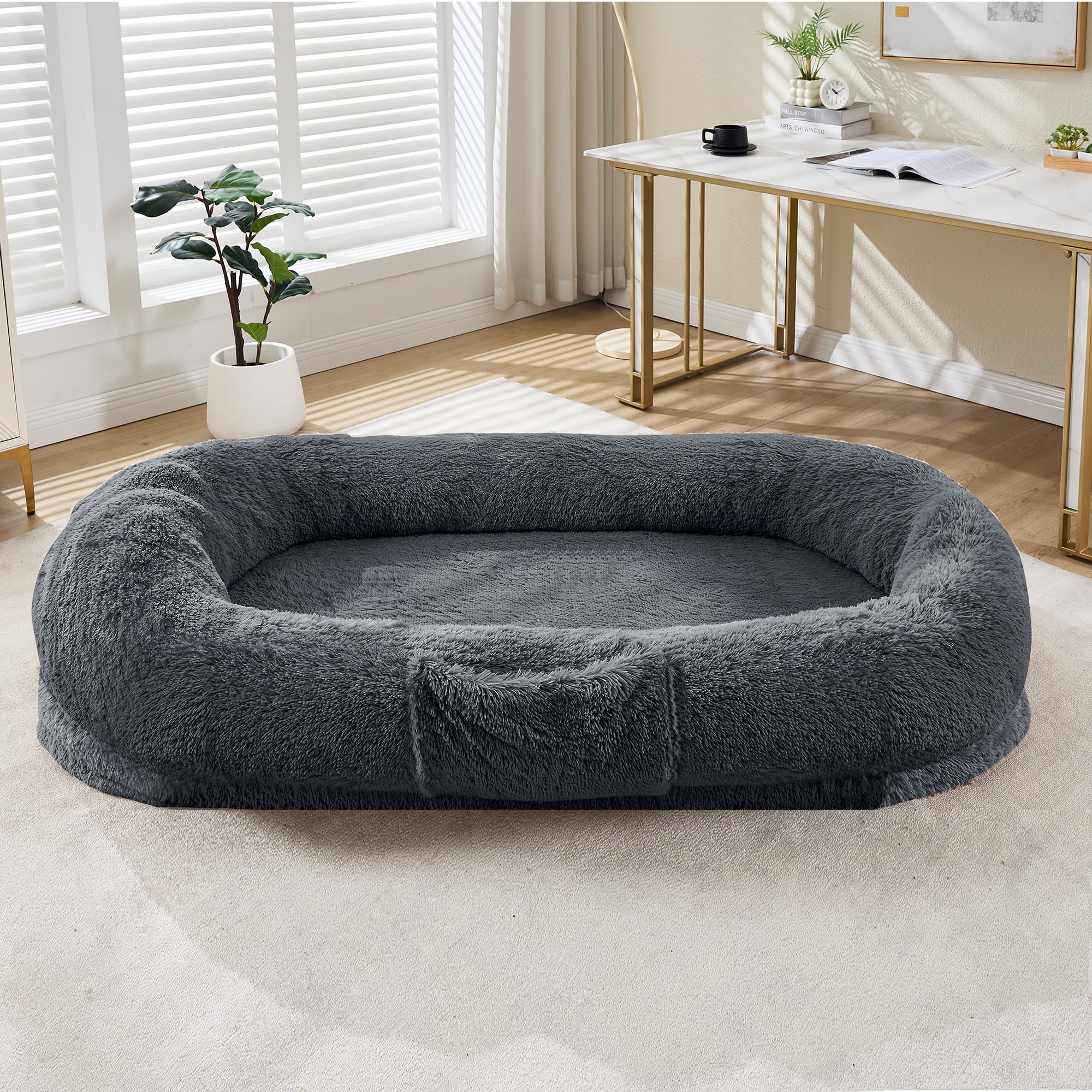 Danolapsi Human Dog Bed for Adult and Pets. Washable  Faux Fur. Napping Orthopedic Dog Bed with Side Pocket. Strap.No Assembly Required