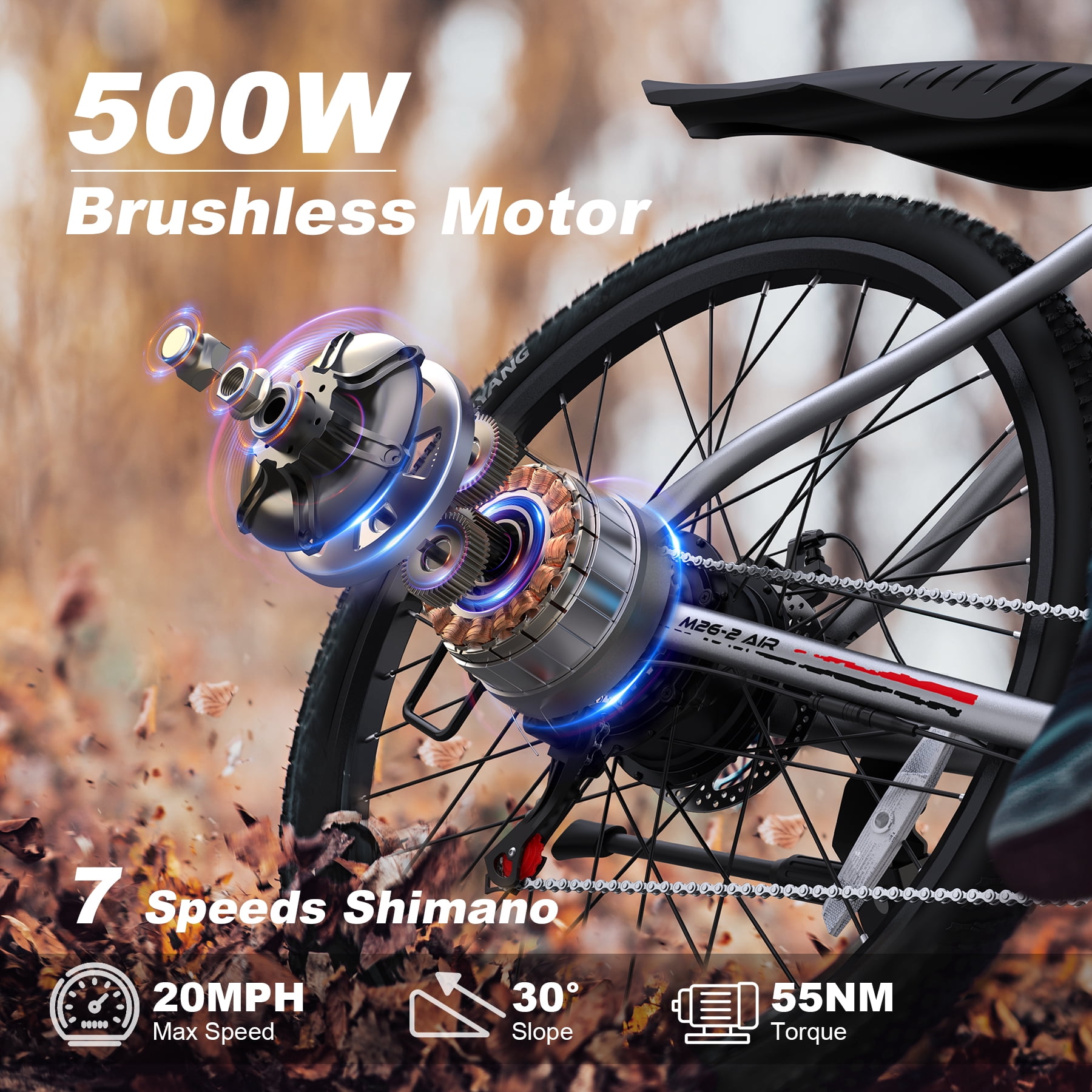 VARUN Electric Bike for Adults 26", 500W(Peak) E-Mountain Bike 36V Removable Battery UL2849, 20MPH Up to 40 Miles, 21-Speed Shimano Gears, Front Fork Suspension & Dual Disc Brakes