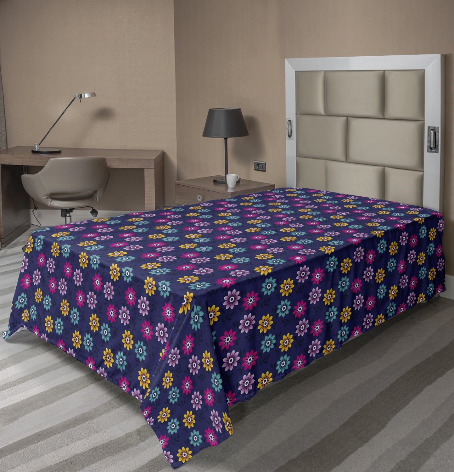 Floral Flat Sheet, Simplistic Modern Botanical Pattern with Colorful