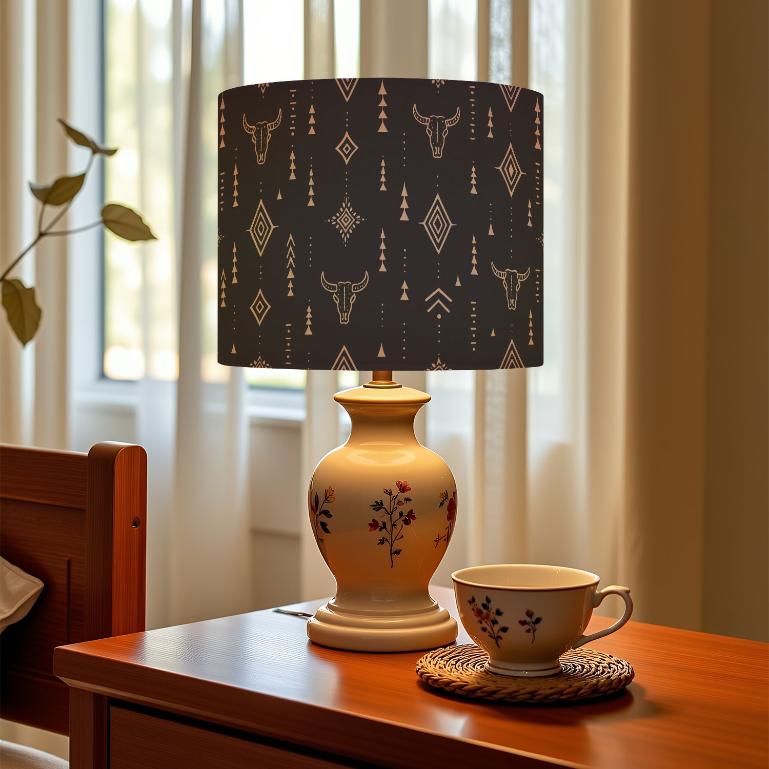 Linen Drum Lampshades Boho seamless bull skull horns ethnic arrangement Minimalist objects 13"x13"x10" Light Shade for Table Lamps Floor Lamp Shades Lampshade Replacement Assembly Required