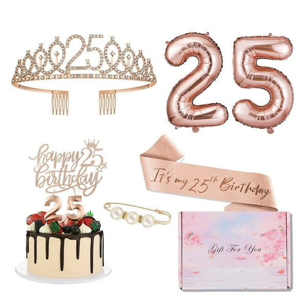 25th Birthday Decorations for Women, Including Rose Gold 25st Birthday Sash with Pearl Pin,Crown,Cake Topper,Candles,Balloons Set, Rose Gold 25st Birthday Party Decorations for Her