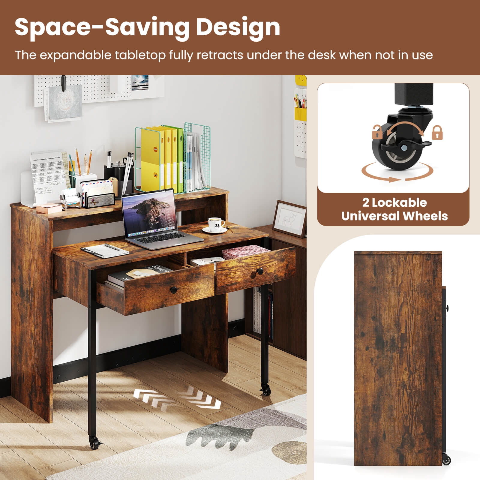 Costway 39.5" Expandable Rolling Computer Desk with Monitor Shelf 2-tier Desktop 2 Drawers Brown