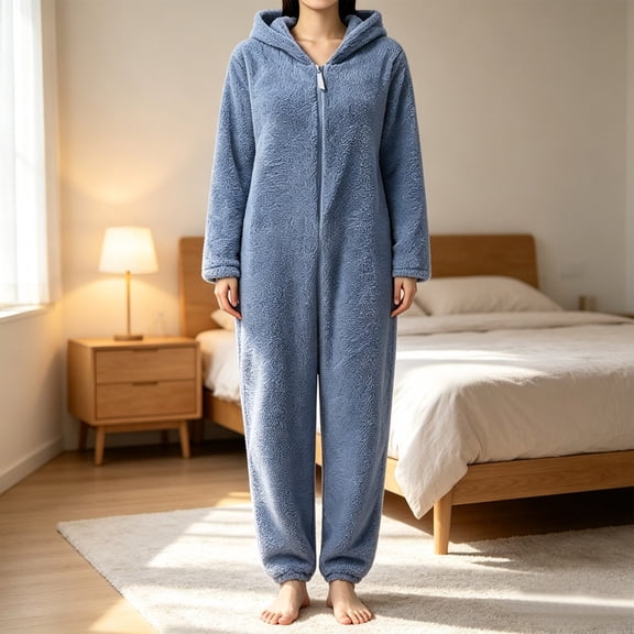 JIANLAI Women Fleece Hooded Jumpsuit Pajamas Full‑Zip Long Sleeve One Piece Loungewear, Plush Warm Cozy Hooded Sleep Suit With Cuffed Ankles, Solid Color Winter Home Sleepwear