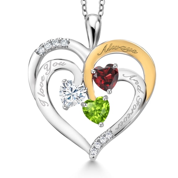 Gem Stone King Two Tone White Moissanite Red Garnet Green Peridot `I love you always and forever` Engraved Pendant Necklace for Women (1.52 cttw, Heart Shape 5MM, 18 inch Chain)