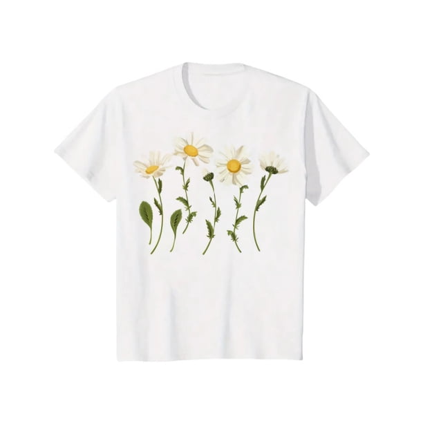 Women's Short-Sleeve T-Shirt - Daisy Print Casual Sporty Top, Breathable Fabric for Spring & Summer, Machine Washable, Ladies T Shirts, Casual Attire, Nontransparent Material