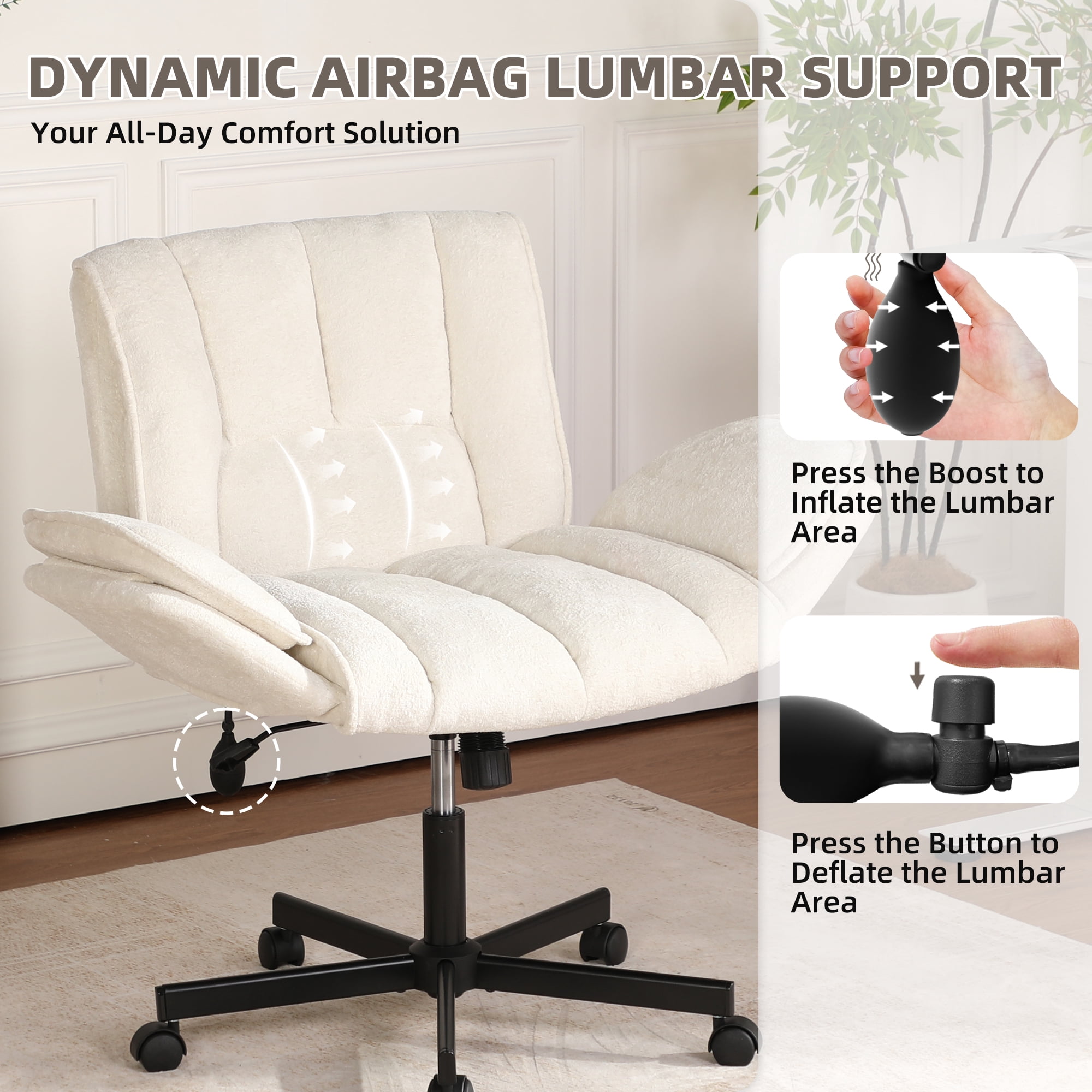 Cross Legged Office Chair with Wheels & Dynamic Airbag Lumbar Support, Criss Cross Wide Seat, 5-Position Fold-Down Armrests, Swivel Vanity Chair for Home Office, Beige