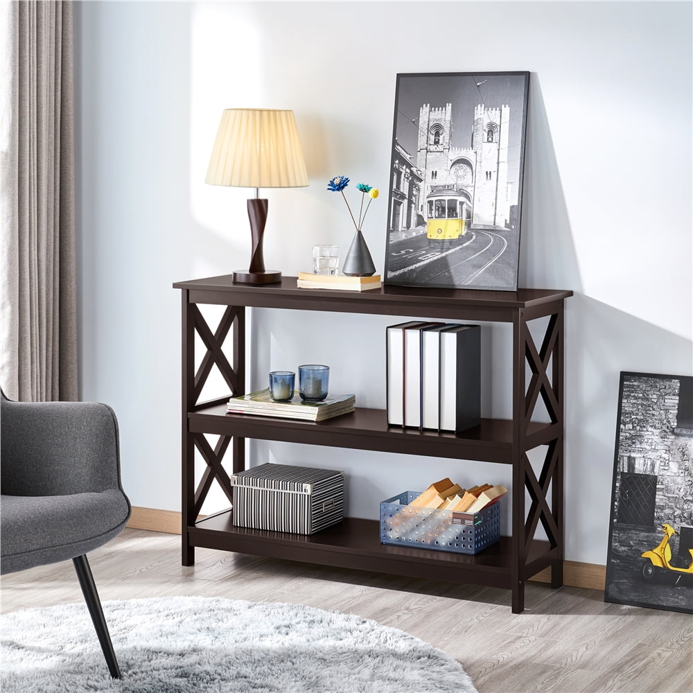 Alden Design 3-Tier X-Design Console Table with Storage Shelves, Espresso