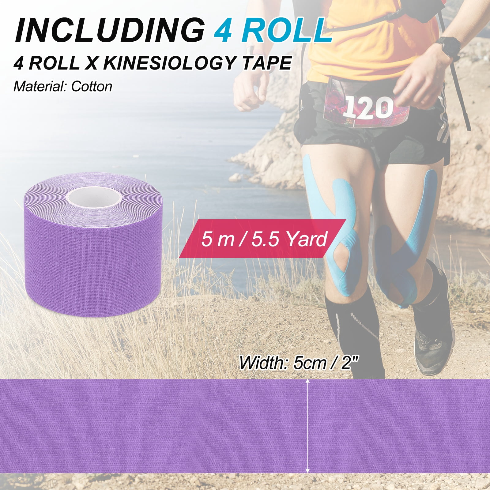 Uxcell Kinesiology Tape, Adhesive Cotton Sport Muscle Support Tapes Waterproof Elastic Tape for Knee Ankle Wrist Shoulder Purple